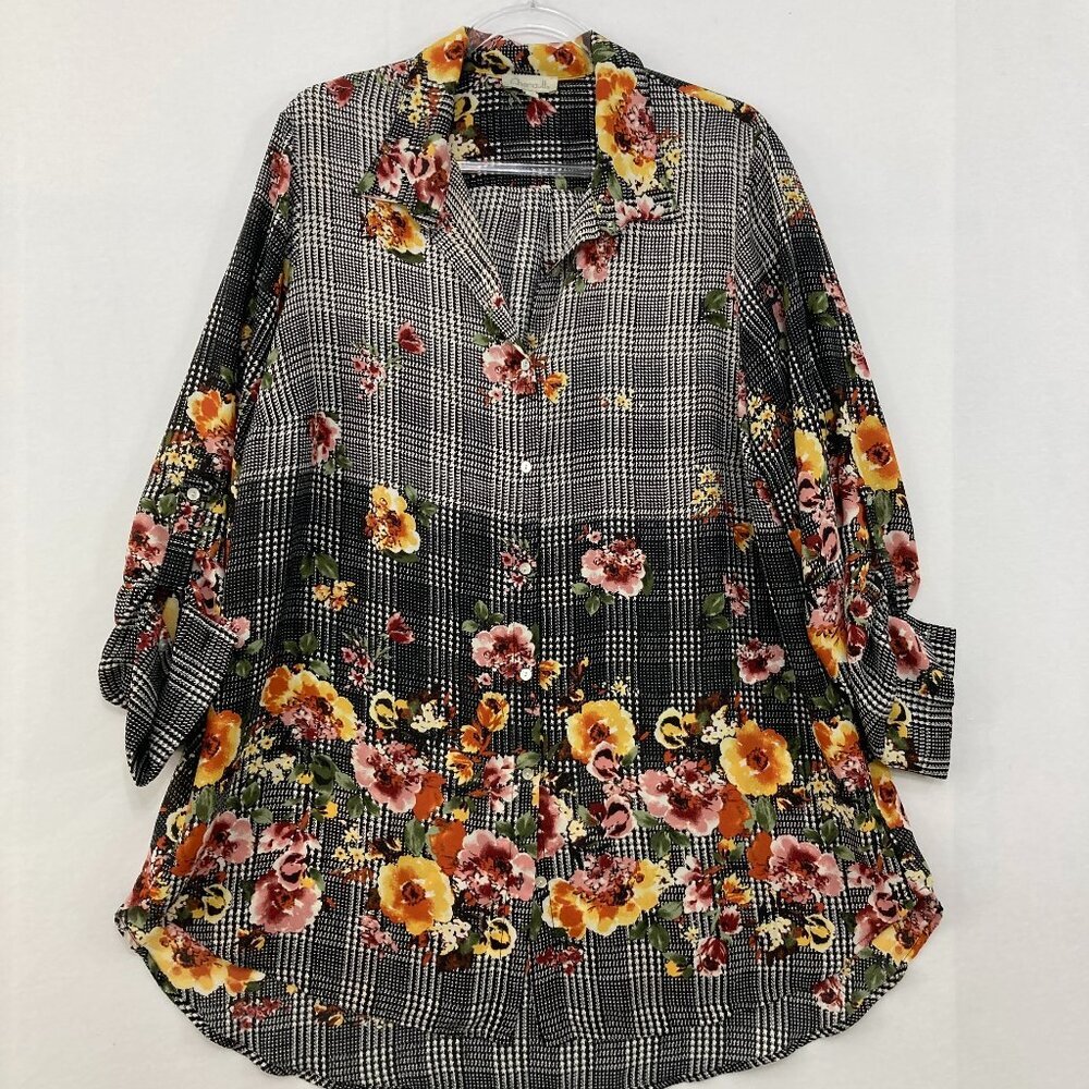 Chenault 2X Black White Plaid Floral Rolled Sleeve Button Down‎ Tunic Office
